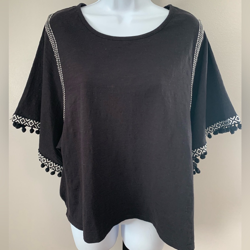 a.n.a Black Top with Pom-Pom Details and Embroidery